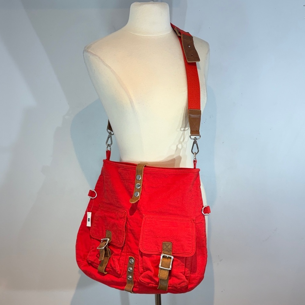 GAP Red Canvas Crossbody Bag with Brown Trim